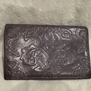 HOBO Embossed Floral Leather Wallet in soft grey.